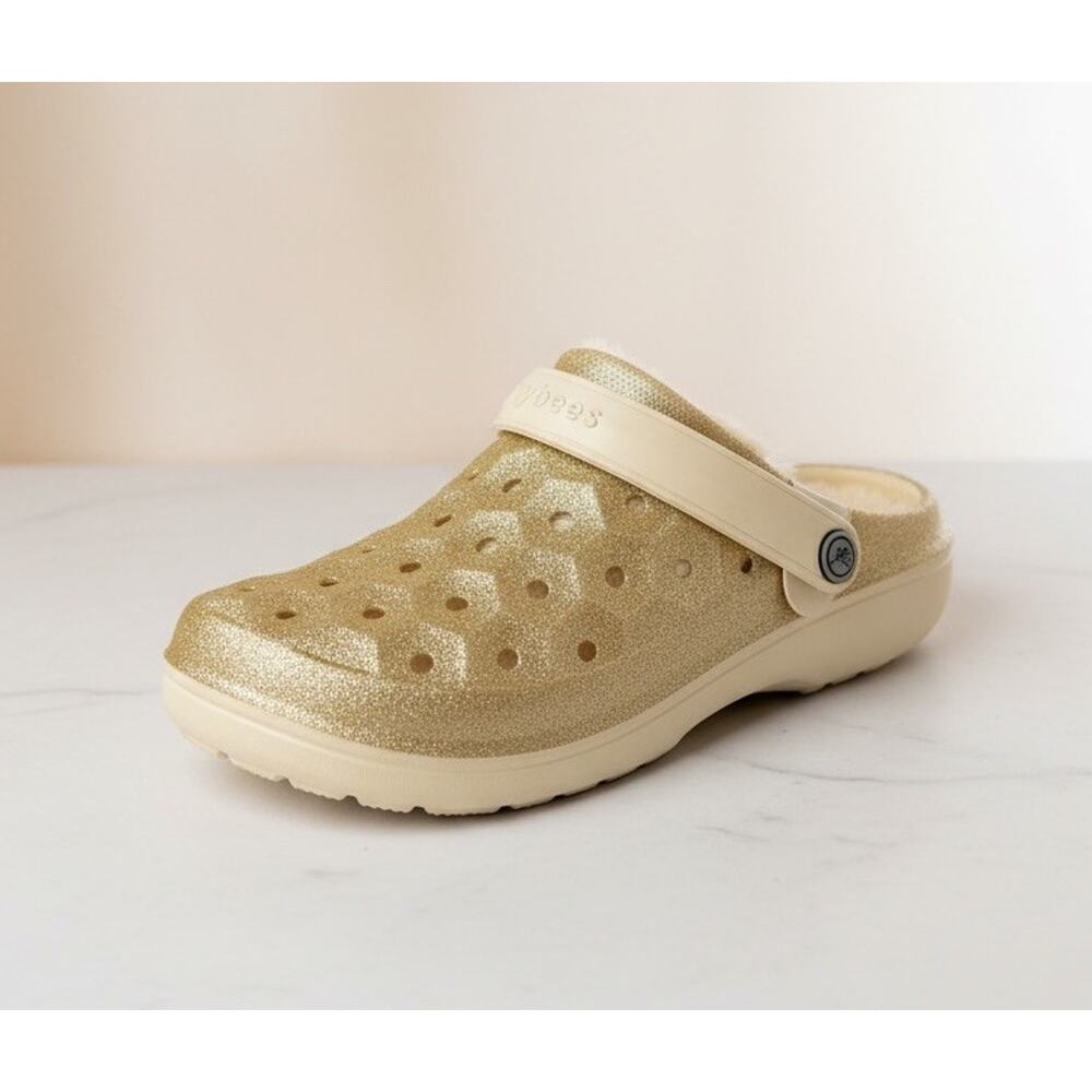 Joybees Varsity Glitter Clog with Faux Fur Lining Champagne Gold Womens Size 8